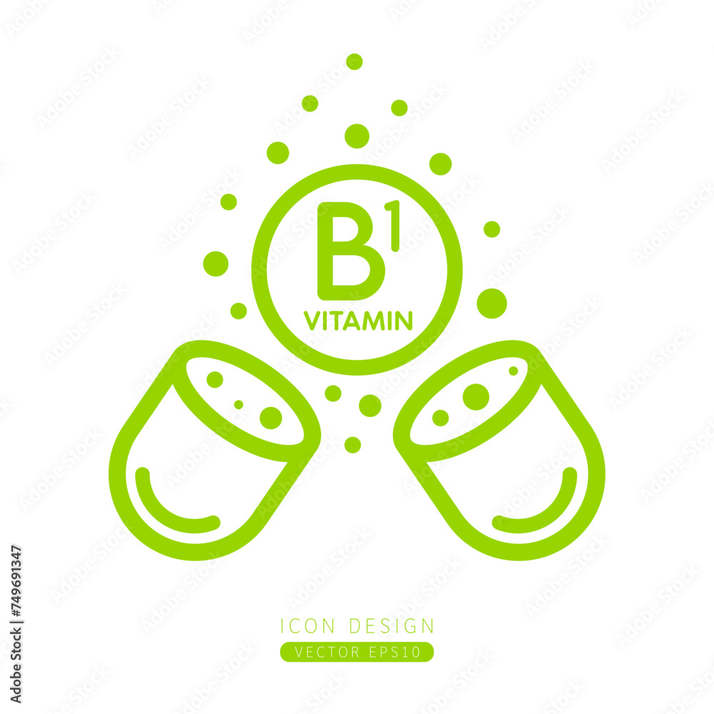 Vitamin B1 icon light green floating out of capsule Isolated on a white ...