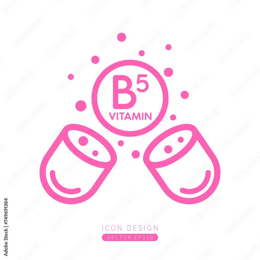 Vitamin B5 icon pink floating out of capsule Isolated on a white background. Form simple line. Design for use on web app mobile and print media. Vector.