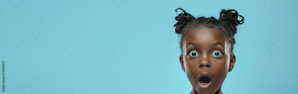 Portrait of a emotional beautiful girl on Isolated blue background with empty space generated AI - obrazy, fototapety, plakaty 