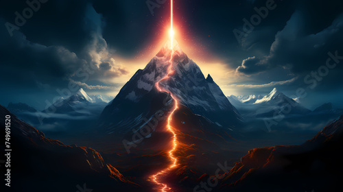Illustration of magnificent mountain peaks illuminated by brilliant light