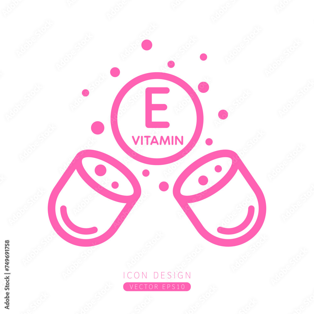 Vitamin E icon pink floating out of capsule Isolated on a white background. Form simple line. Design for use on web app mobile and print media. Vector.
