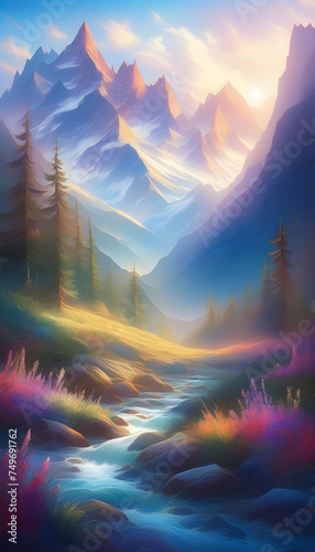 Mystical Mountains, Fantasy, Magical, Enchanted, Landscape, Peaks, Nature, Surreal, Dreamlike, Scenery, Mystical, Ethereal, Unreal, Fantasy World, AI Generated