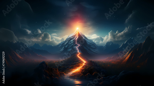 Illustration of magnificent mountain peaks illuminated by brilliant light