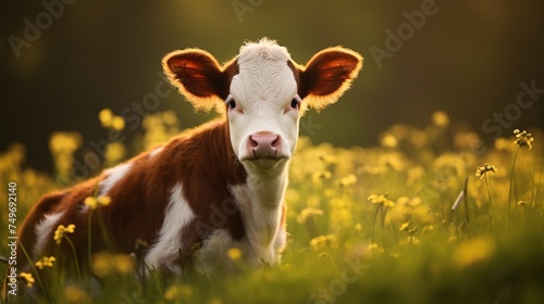 Portrait of little calf on grass field