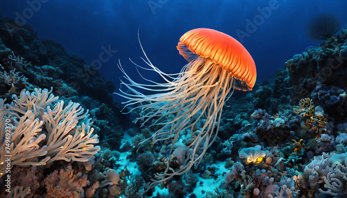 Jellyfish floating above a coral reef