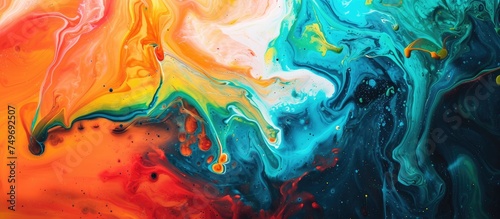 This abstract painting features a burst of vibrant colors, shapes, and textures created by ink, liquid, and paint on a fluid background. The chaotic composition invites viewers to explore the dynamic photo