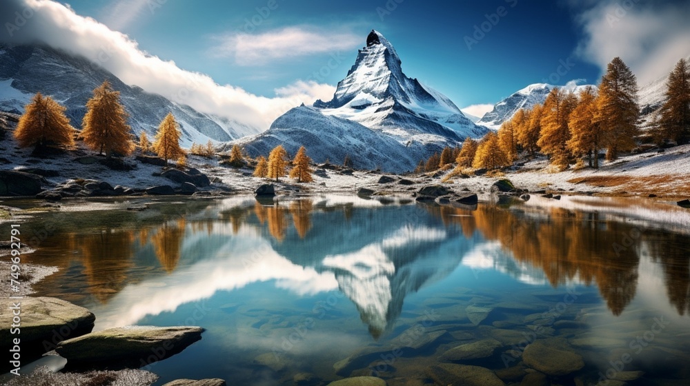 The Matterhorn mountain peaks are reflected in the lakem