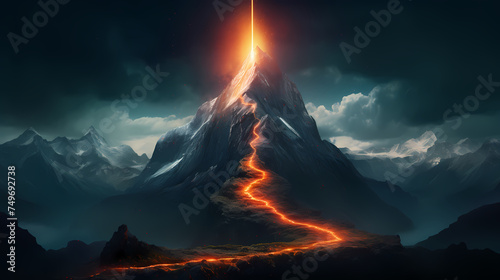 Road to success concept, glowing light road up the mountain