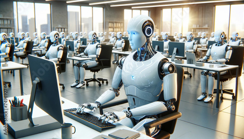 An office filled with numerous humanoid robots