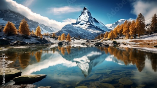 The Matterhorn mountain peaks are reflected in the lakem photo