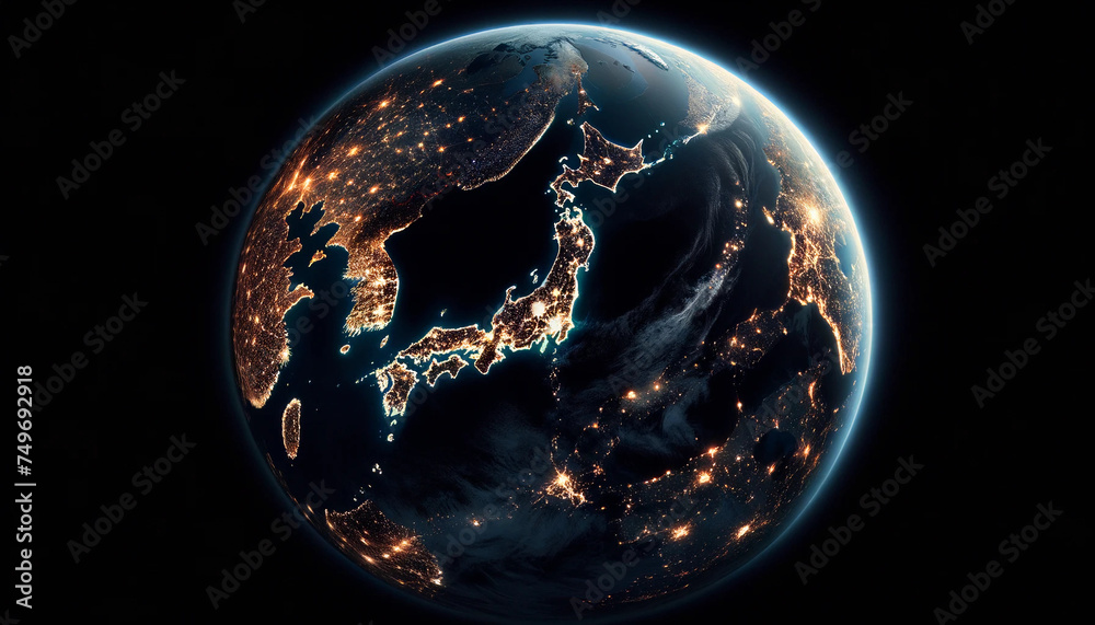 The Earth from space at night, capturing the entire globe in a single frame, with Japan prominently featured. - obrazy, fototapety, plakaty 