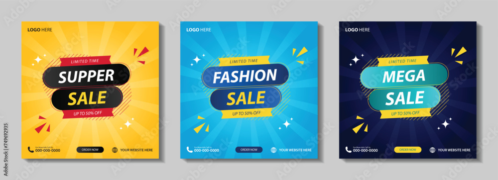 Super Sale Modern Banner Design with Up to 50% Off, End of Season Special Offers, Fashion Sale Social Media Post, and Mega Sales Abstract Background Vector Illustration...