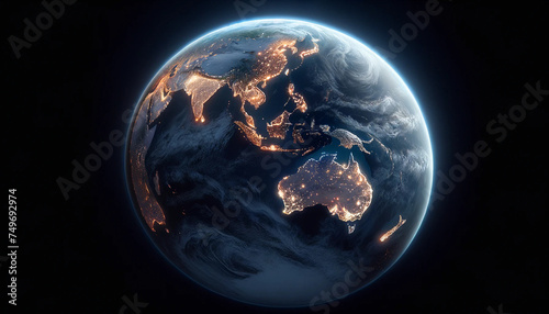 he Earth from space at night, presenting the entire planet with Australia prominently at the center wallpaper background
