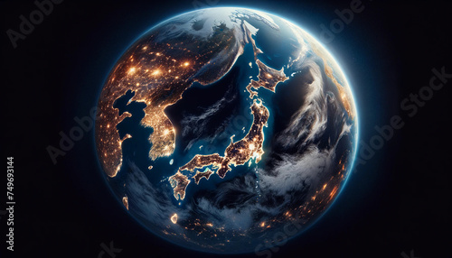 he Earth from space during the night, showcasing the whole planet with Japan should clearly visible