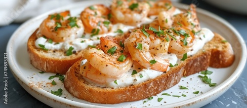 A plate featuring slices of bread topped with succulent shrimp and drizzled with tangy sour cream. The dish is garnished with fresh herbs, creating a flavorful and satisfying appetizer option.