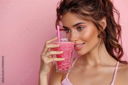 Beautiful fit healthy young woman drinking cocktail of electrolyte powder or hydrolysed collagen photo