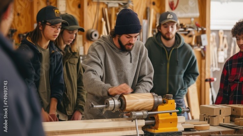 A skilled woodworker demonstrates lathe techniques to a group of engaged young apprentices in a well-equipped workshop. AIG41