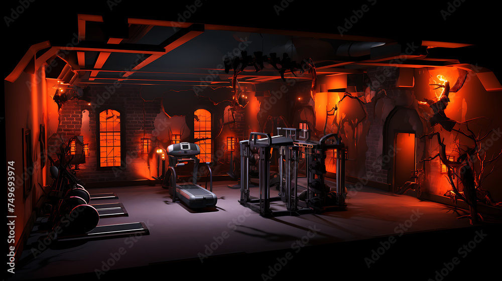A gym layout for a haunted house fitness center, with spooky decor and themed workout challenges.