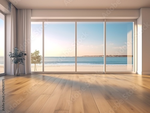 Empty room with sea view and sunlight