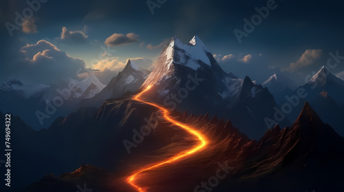 Road to success concept, glowing light road up the mountain