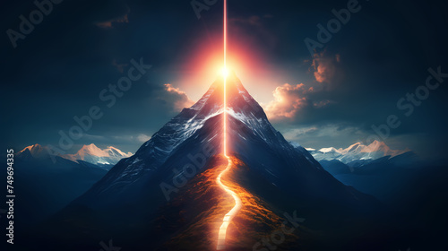 Road to success concept, glowing light road up the mountain