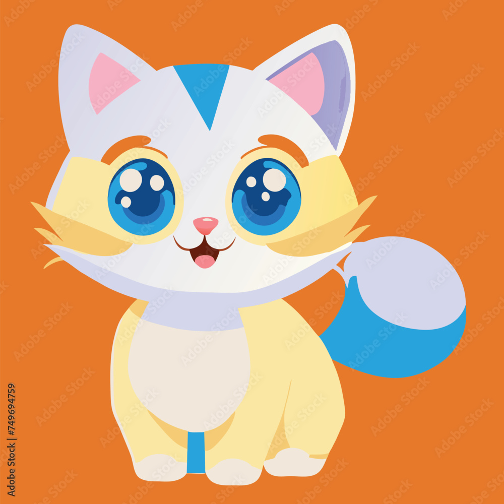 oriental breed cat, highly detailed, colorful, flat vector illustration, white cat, skinny, blue eyes, full length torso, tail, paws, vector illustration kawaii