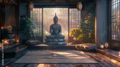 A zen meditation room with a mat  a cushion  and a Buddha statue.