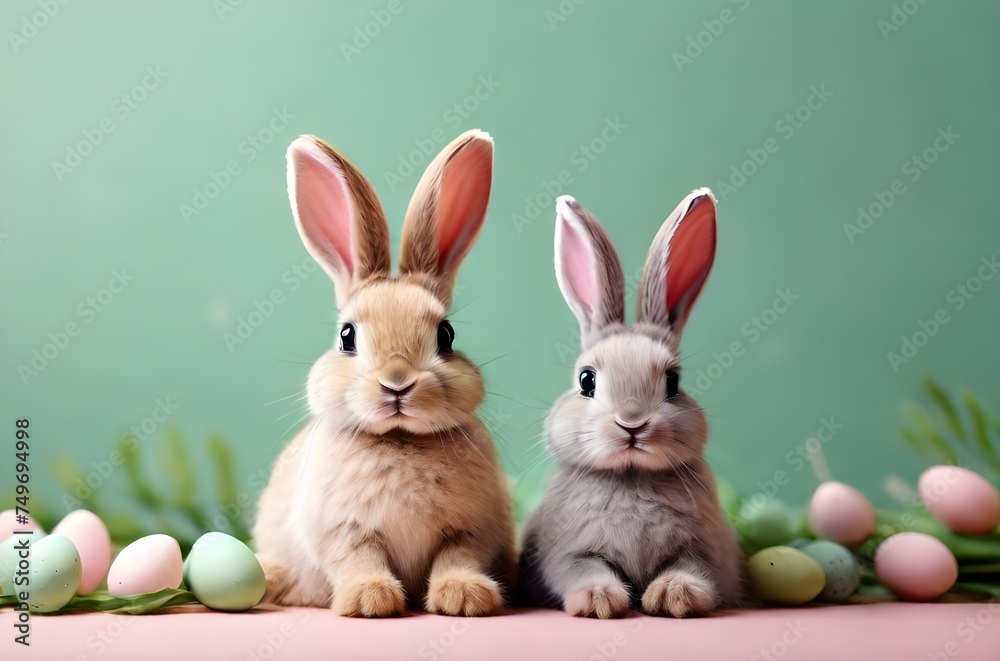 Happy Easter cute Easter bunnies in green fresh background with copy space for greeting cards, web banner, spring backdrops. Pascha or Resurrection Sunday. Christian festival and cultural holiday