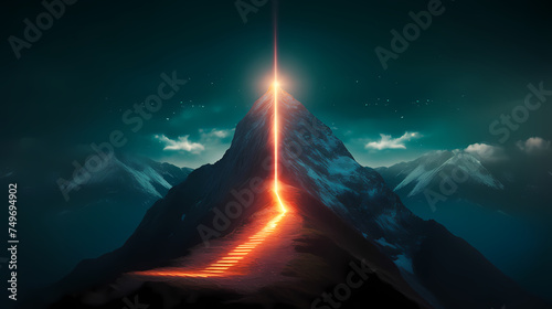 Road to success concept, glowing light road up the mountain © ma