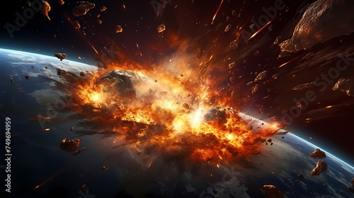 Big explosion with fire and debris in space with Earth as background