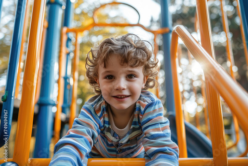 Child boy playing on playground equipment in the park