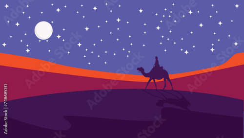 The caravan going through the desert with moon and star,Night Desert, Islamic Background,Landscape Illustration © fauzan