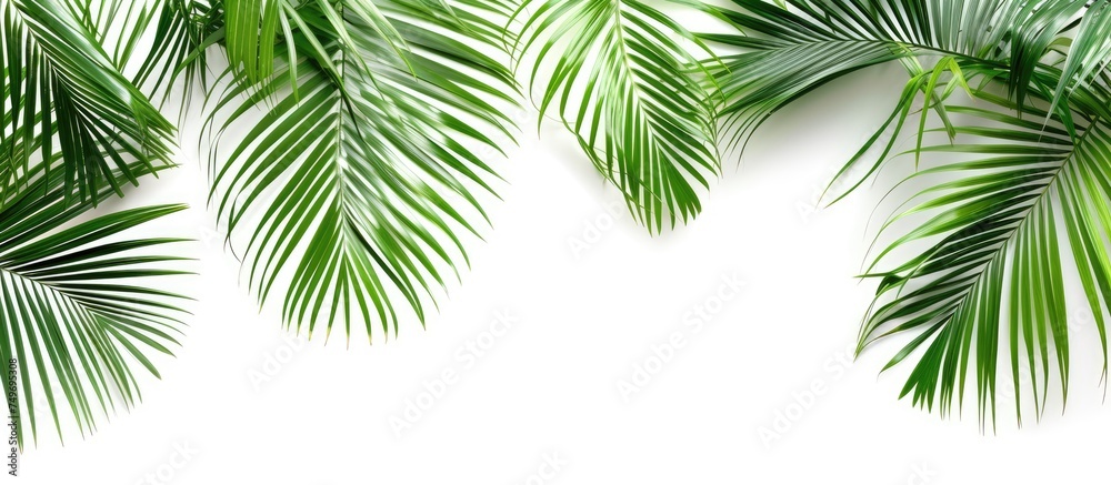 A collection of palm leaves arranged neatly against a white background, showcasing their unique shapes and textures. The leaves are vibrant and green, adding a natural touch to the composition.