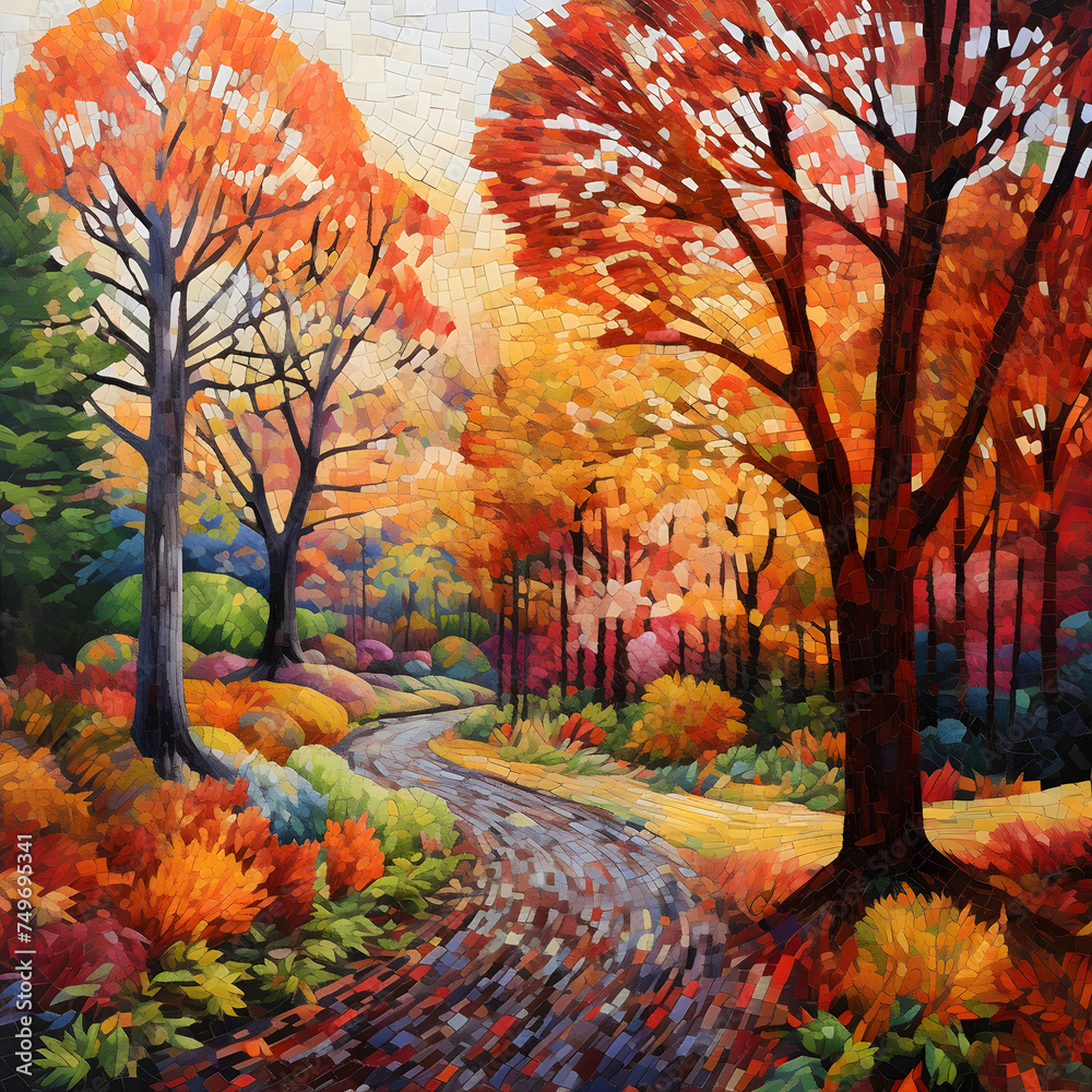 Sweeping Autumn Scene: Vibrant Canopy and Carpet of Leaves Along a Winding Path