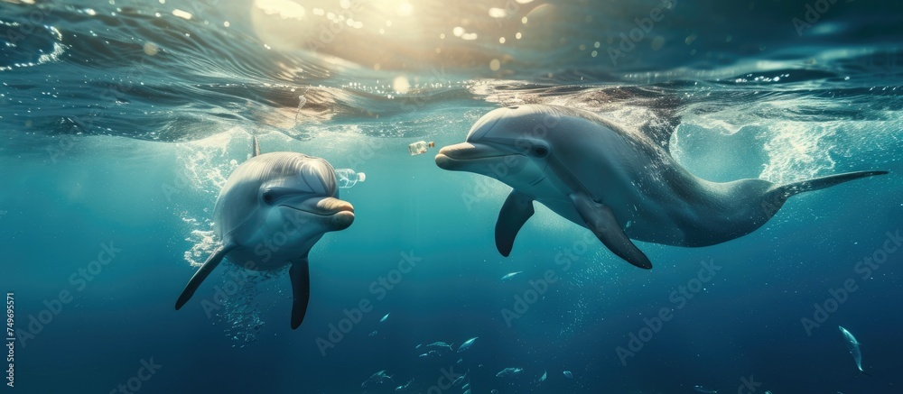 Fototapeta premium A couple of dolphins can be seen swimming in the ocean, gracefully moving through the waves with playful leaps and dives. One of the dolphins is also using its bottle nose to interact with its