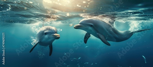 A couple of dolphins can be seen swimming in the ocean, gracefully moving through the waves with playful leaps and dives. One of the dolphins is also using its bottle nose to interact with its © TheWaterMeloonProjec