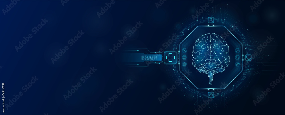 Brain human chip in electronic circuit board microchip processor technology medical. Innovative health care information processing of digital hi tech future. Empty space for text. Banner vector. - obrazy, fototapety, plakaty 