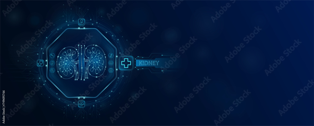 Kidney human chip in electronic circuit board microchip processor technology medical. Innovative health care information processing of digital hi tech future. Empty space for text. Banner vector. - obrazy, fototapety, plakaty 