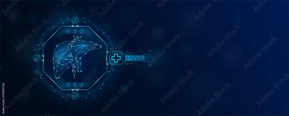 Liver chip in electronic circuit board microchip processor technology medical. Innovative health care information processing of digital hi tech future. Empty space for text. Banner vector. - obrazy, fototapety, plakaty 