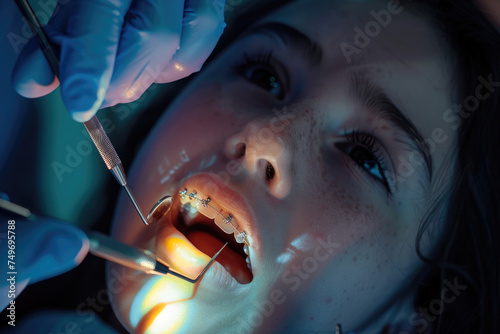 teenage girl getting her dental braces removed by orthodontist at dentist s office