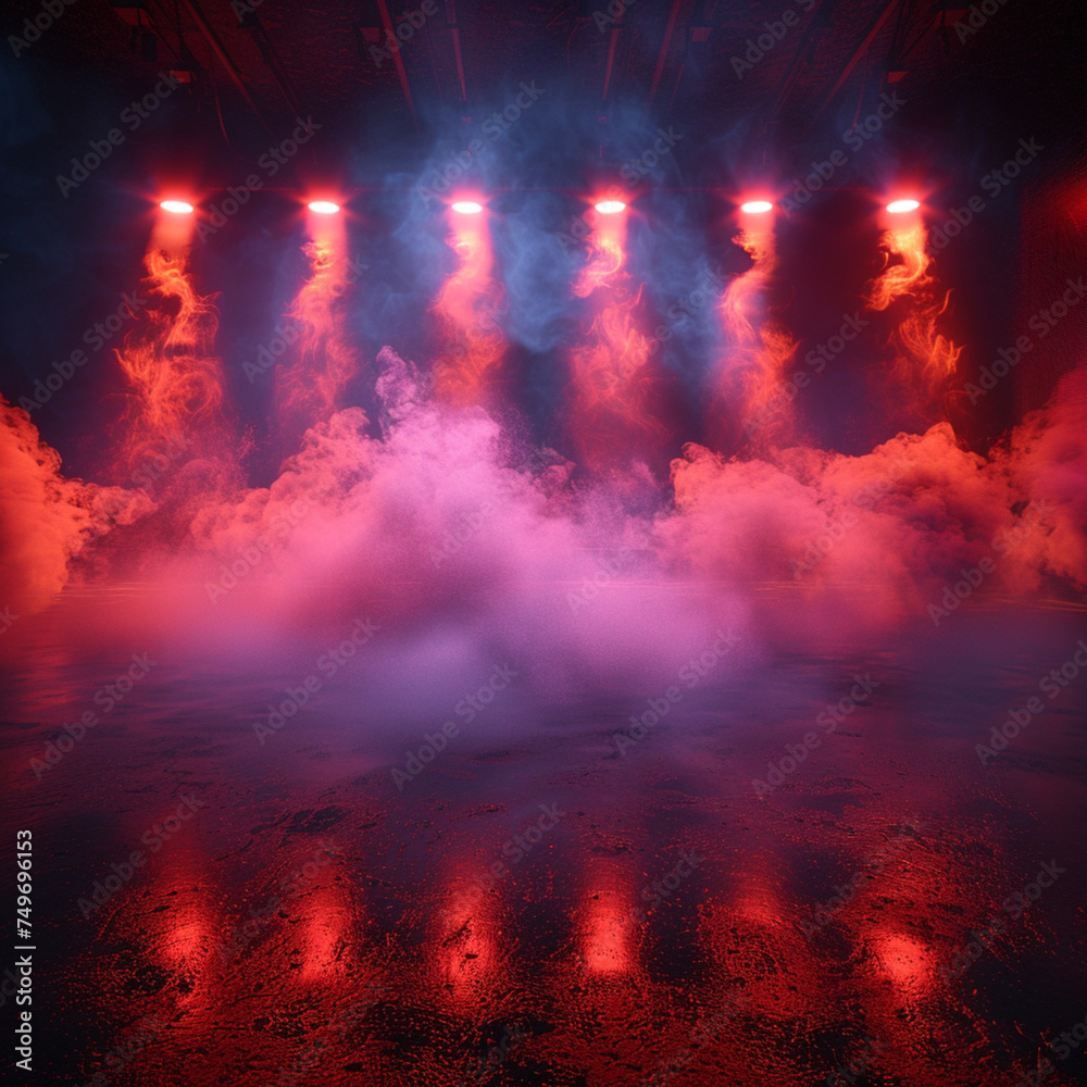 The studio space has a black floor with smoke rising and red spotlights display products. ai generated.
