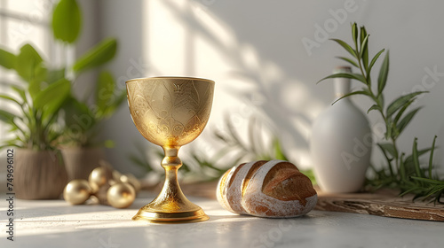 Eucharistic symbols. 3d rendering of a chalice of wine and bread. generative ai