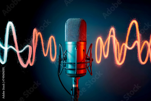 A podcasting microphone with sound wave on colorful background- Generative Ai