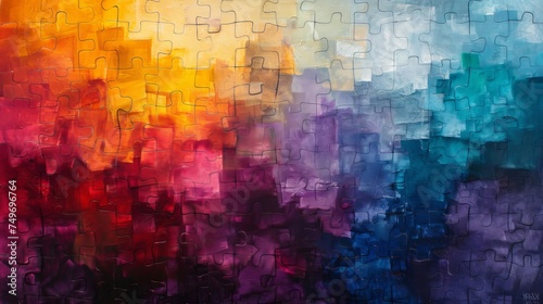 Colorful watercolor puzzle pieces symbolize connection and diversity in abstract design