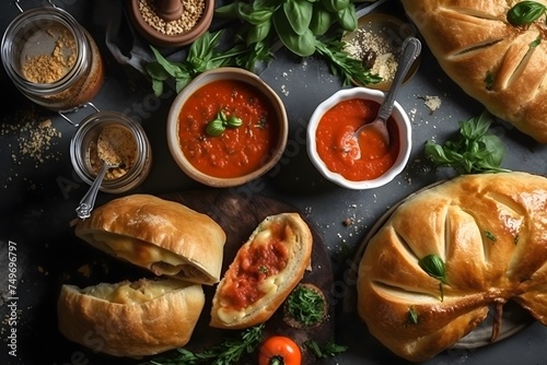Delicious calzones and products on grey table, flat lay