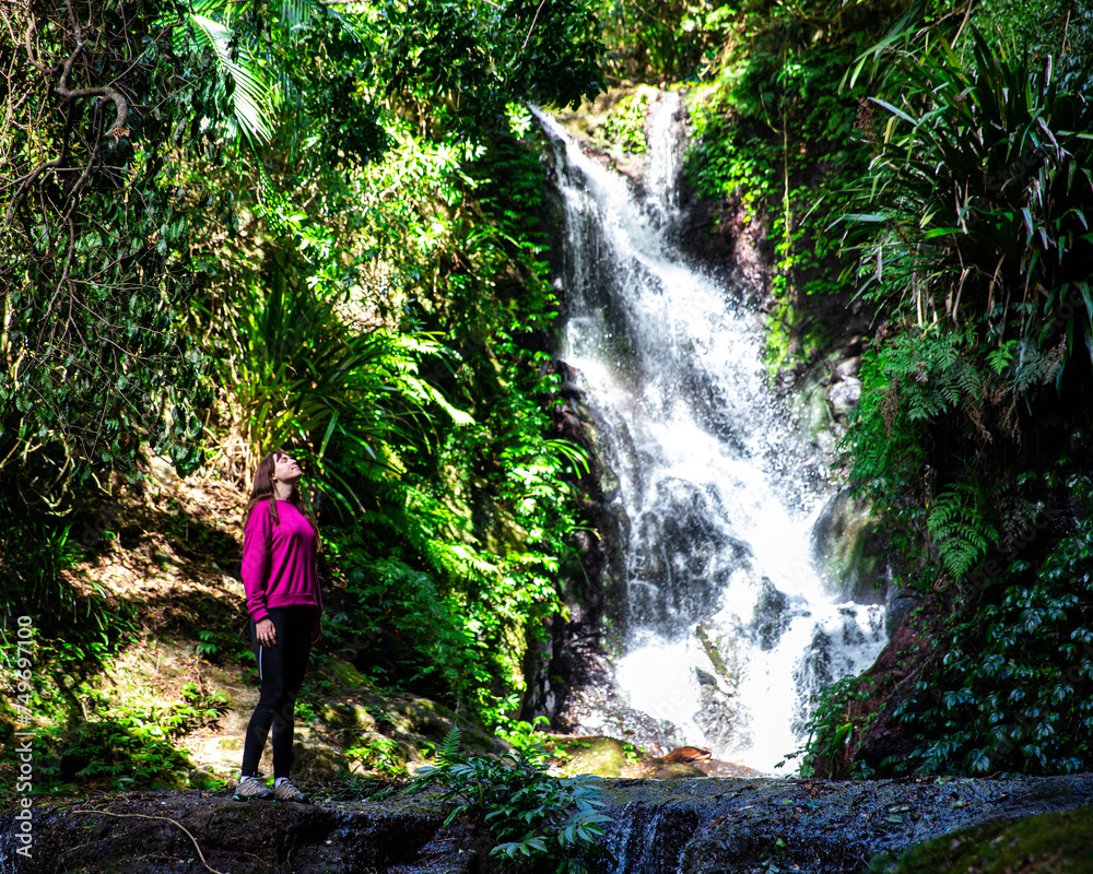 pretty girl standing in front of famous elabana falls in green mountains section of lamington national park, queensland, australia; powerful waterfall in a gondwana rainforest pretty girl standing in front of famous elabana falls in green mountains section of lamington national park, queensland, australia; powerful waterfall in a gondwana rainforest