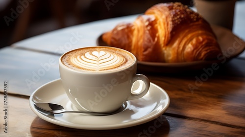 Coffee cup with croissant on wooden table in coffee shop