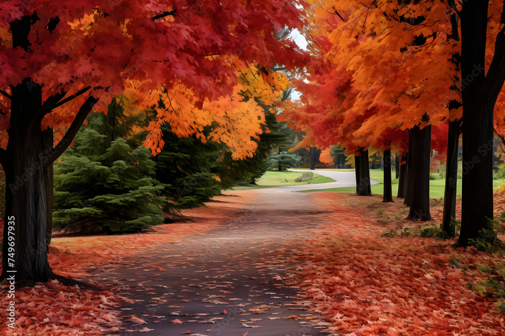 Sweeping Autumn Scene: Vibrant Canopy and Carpet of Leaves Along a Winding Path