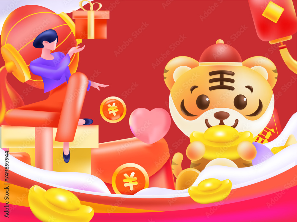 Naklejka premium New year festive auspicious creative scene character illustration poster