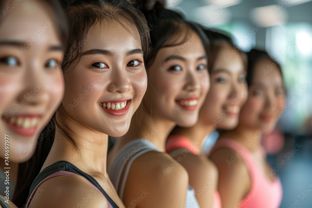 Group of smiling asian young women ready to start a gym class